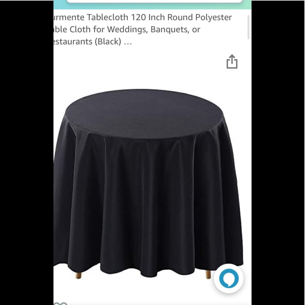 Three 120” round black polyester table cloth. EUC.